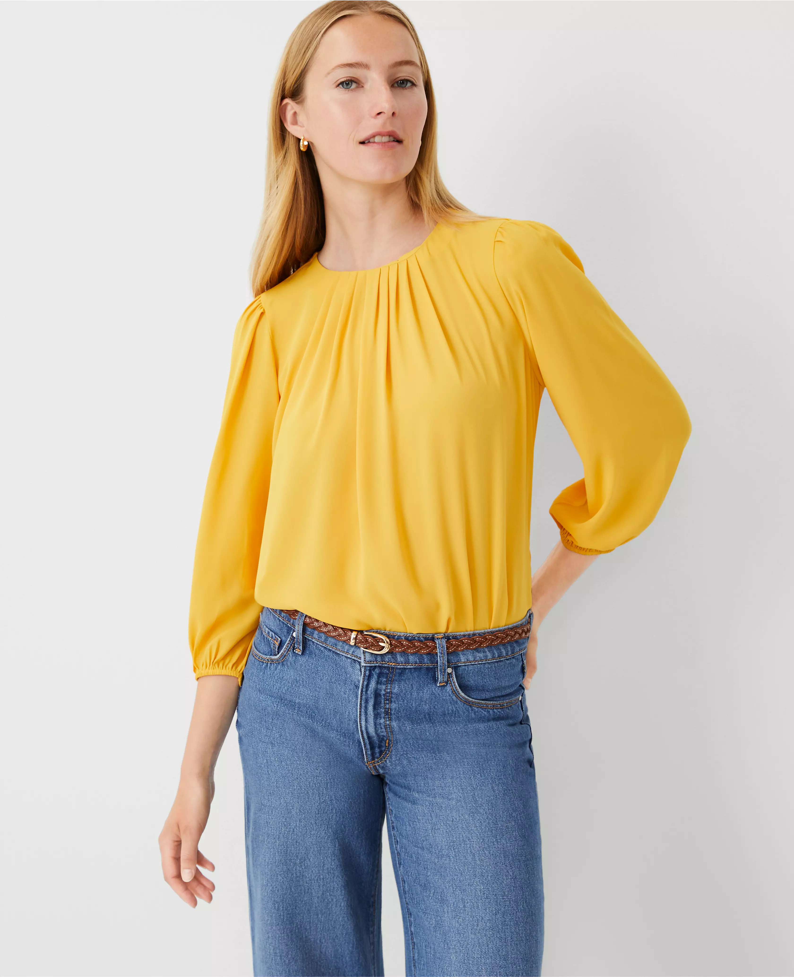 Mixed Media Pleat Neck Top | Ann Taylor (US)