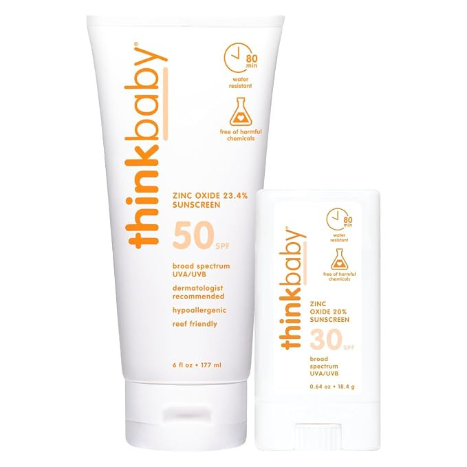 Thinkbaby SPF 50+ Baby Mineral Sunscreen, 6oz + Thinkbaby SPF 30+ Sunscreen Stick, 0.64 oz, Water... | Amazon (US)