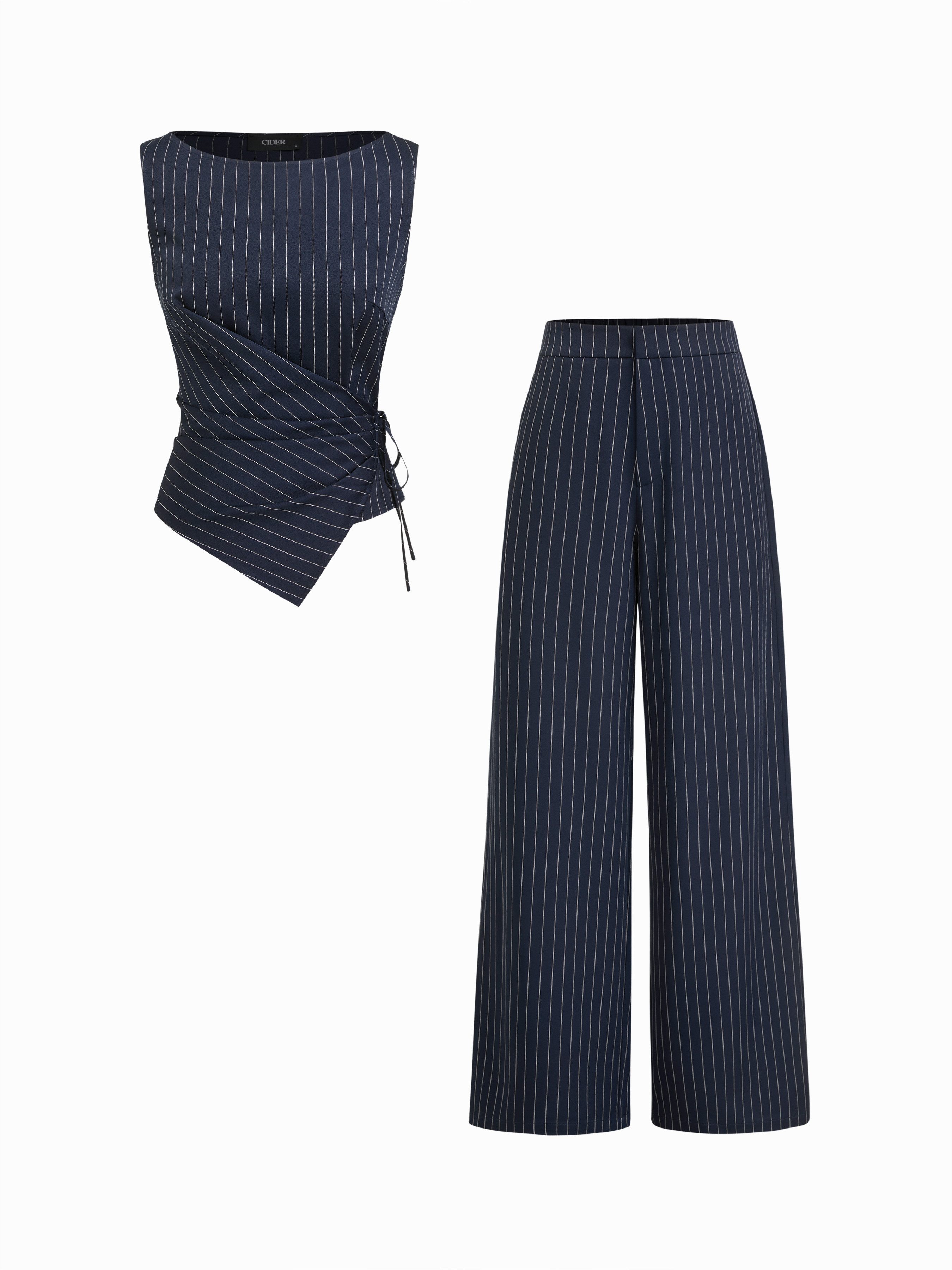 Woven Boat Neck Striped Wrap Knotted Top & Mid Rise Straight Leg Trousers Set For Work | Cider