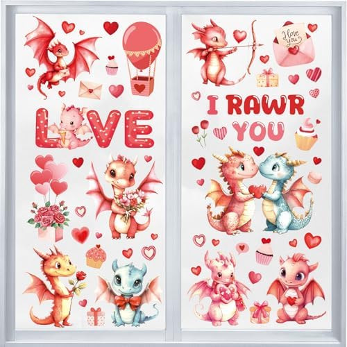 Valentine Day Window Clings - 9 Sheets Cute Dinosaur Heart Window Stickers for Home Party Decorat... | Amazon (US)