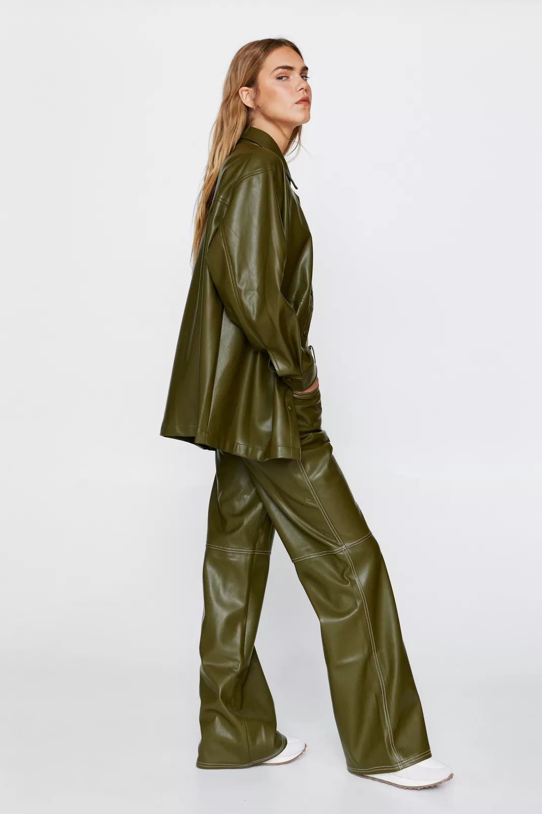 Faux leather Contrast Stitch Wide Leg Pants | Nasty Gal (US)