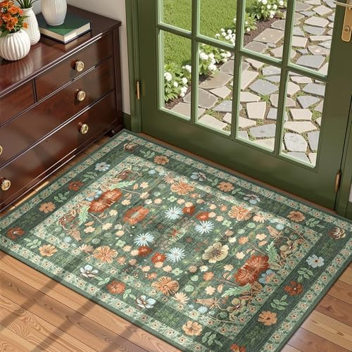 2x3 Entryway Rug Green Small Floral Rug - Deerly Vintage Boho Bathroom Door Mat Washable Non-Slip... | Amazon (CA)