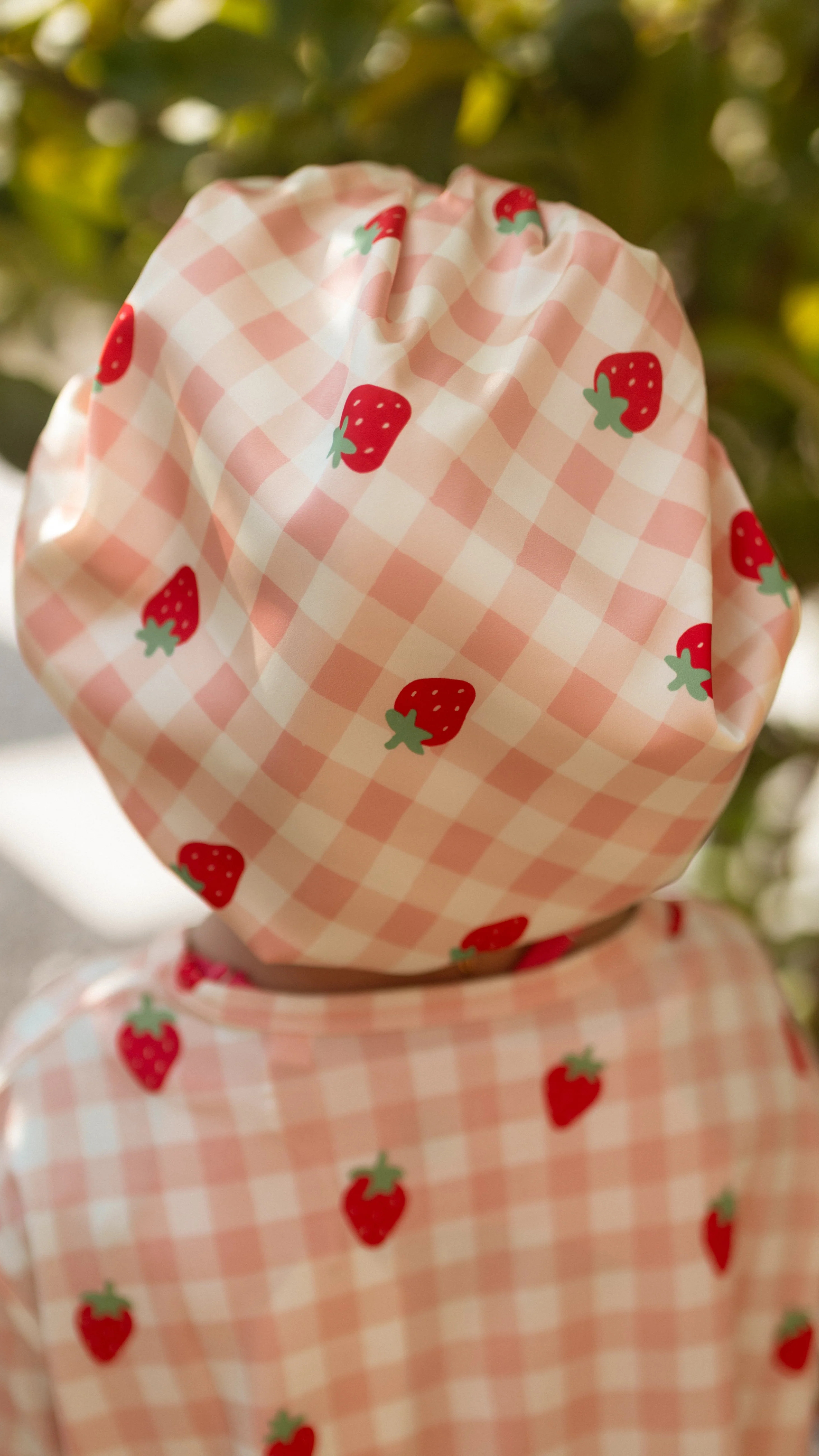 Adult Satin Bonnet in Strawberry Gingham | Silks Design
