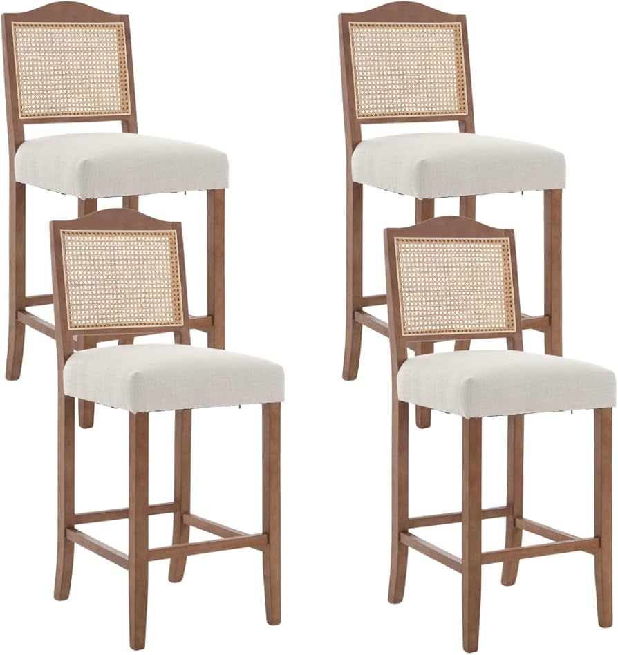 CIMOTA 30 Inch Counter Height Stools Set of 4 Rattan Farmhouse Barstools Mid Century Modern Bar Chairs Upholstered Kitchen Bar Stools with Wood Legs for Island/Dining Room, Linen Beige | Amazon (US)