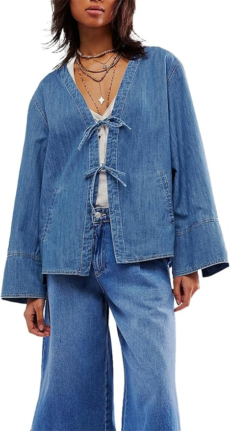 LifeShe Jean Jacket Women Tie Front Top Loose Wide Sleeve Denim Shacket Lightweight V Neck Coat | Amazon (US)