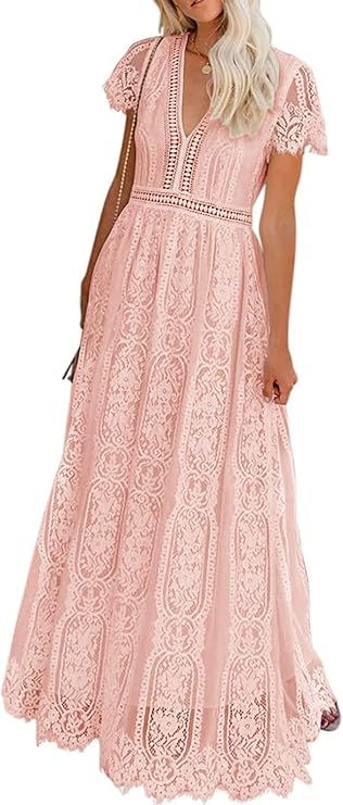 Bdcoco Women's V Neck Floral Lace Wedding Dress Short Sleeve Bridesmaid Evening Party Maxi Dress | Amazon (US)