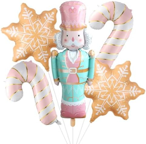 5Pcs Christmas Balloons Set, Nutcracker Soldier Cookie Color Snowflake and Pink Candy Cane Foil B... | Amazon (US)