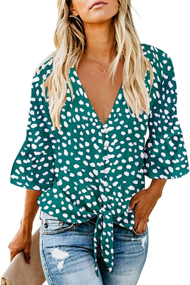 Kancystore Womens Button Down V Neck Tie Knot Front Tops 3/4 Sleeve Chiffon Casual Blouse Shirts | Amazon (US)