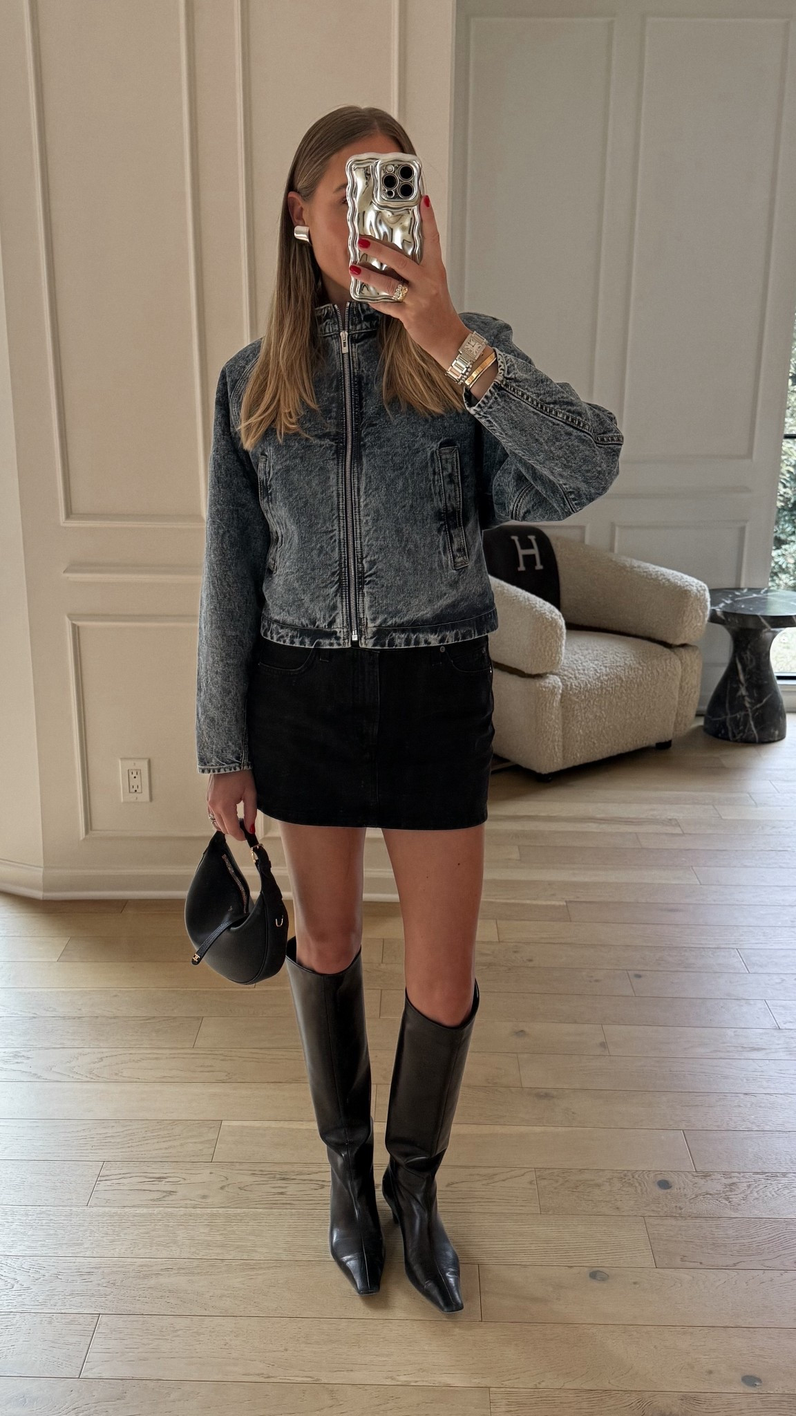 Fashion Jackson, denim jacket, black denim mini skirt, black knee high boots 

#LTKFindsUnder100 #LTKStyleTip #LTKOver40