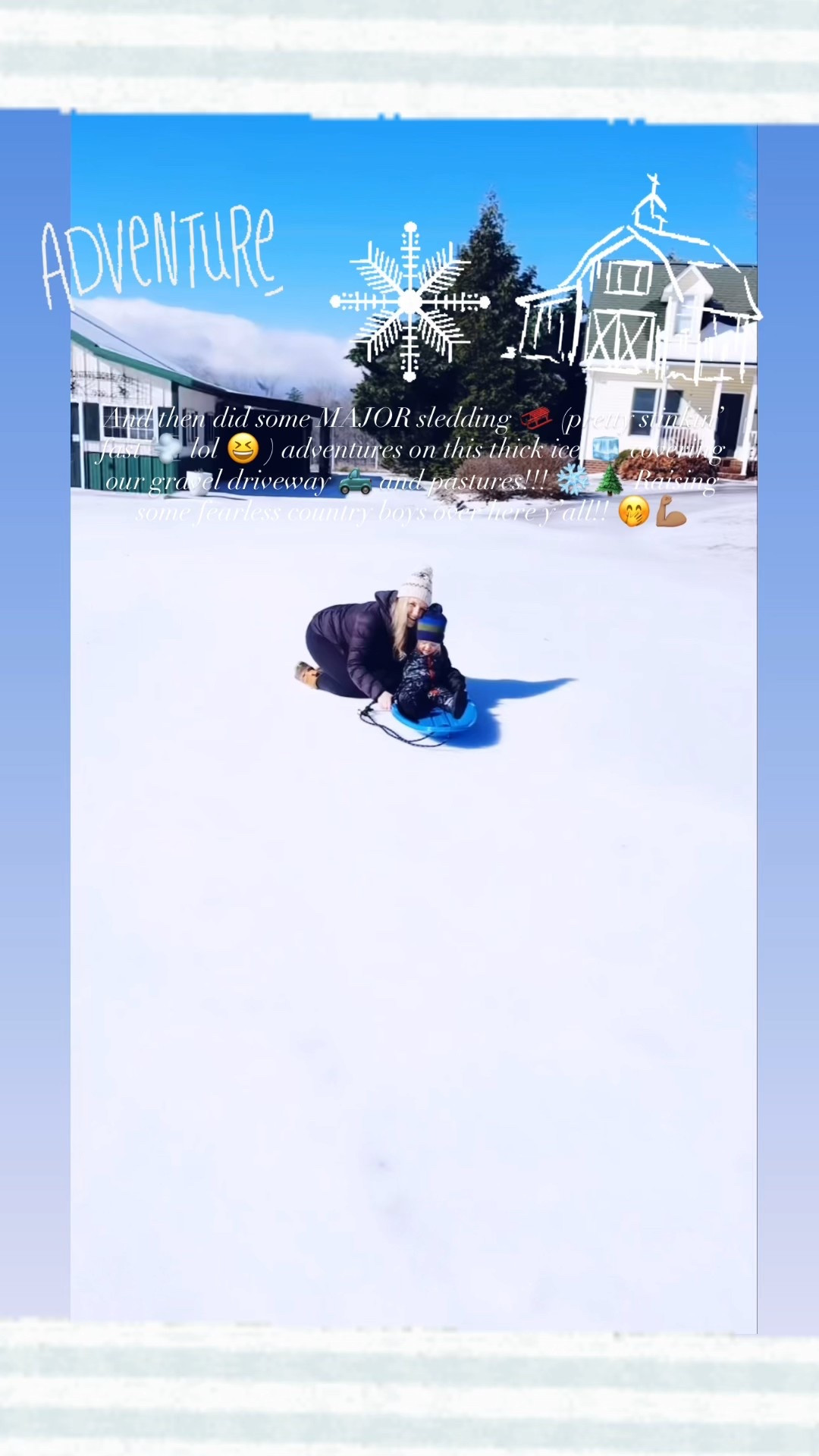 And then did some MAJOR sledding 🛷 (pretty stinkin’ fast 💨 lol 😆 ) adventures on this thick ice 🧊 covering our gravel driveway 🛻 and pastures!!! ❄️🌲 Raising some fearless country boys over here y’all!! 🤭💪🏽

#LTKSeasonal #LTKmomlife #LTKKids