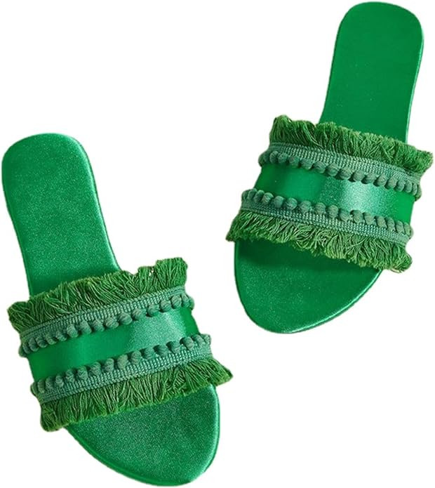 Women's Dressy Sandals Satin Fringe Trim Flats Comfortable Casual Summer Trendy Open Toe Slip on ... | Amazon (US)