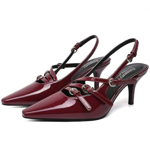 Susanny Burgundy Slingback Kitten Heels for Women Dark Red Closed Pointed Toe Strappy Dress Pumps Comfortable Stiletto Low Heels Sexy Buckle Dressy Slip On Shoes for Wedding Bridal Party Work 9 | Amazon (US)