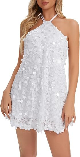 Women's Sequin Halter Neck Mini Dress Backless Sparkly Party Club Dress | Amazon (US)