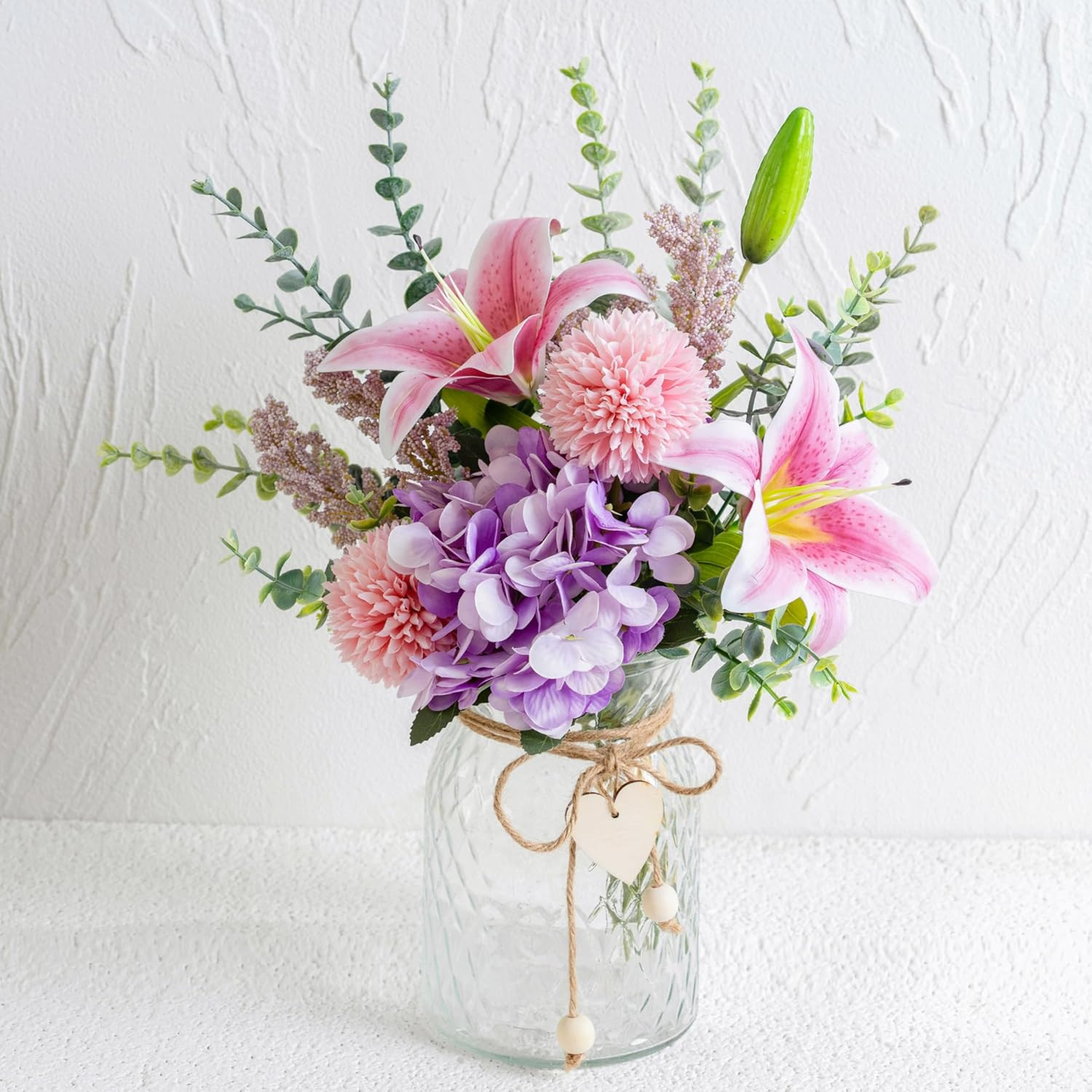 LUEUR Faux Flowers with Vase, Artificial Silk Flowers in Vase, Fake Pink Lily,Purple Hydrangea an... | Amazon (US)