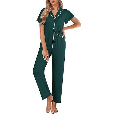 Ekouaer Pajamas for Women Set Button Up Sleepwear Cute Pjs Ruffle Sleeve Notch Collar Loungewear with Long Pants Emerald Green 2XL | Target