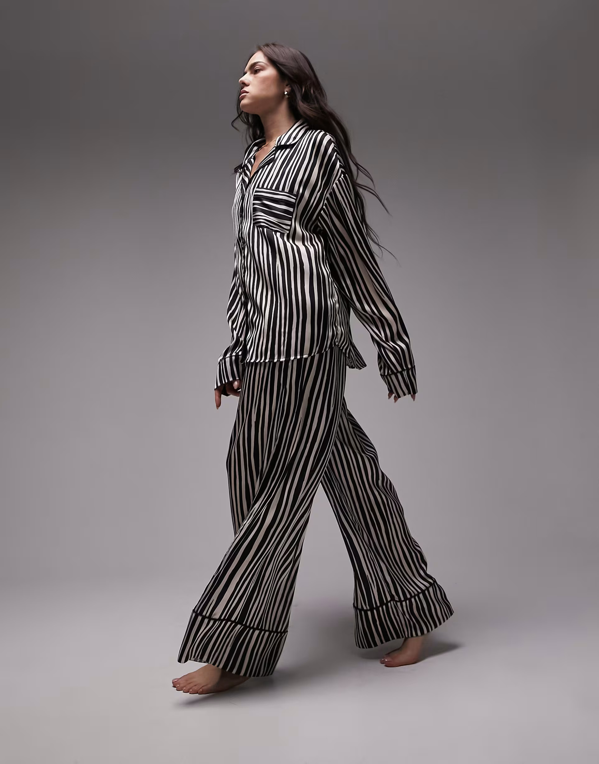 Topshop satin stripe print piped shirt and pants pajama set in monochrome  | ASOS | ASOS (Global)