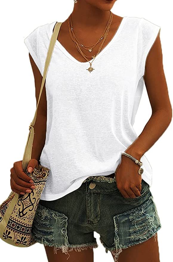 Langwyqu Womens Cap Sleeve Blouses T-Shirt Casual Loose Fit Basic Shirts Tank Tops | Amazon (US)