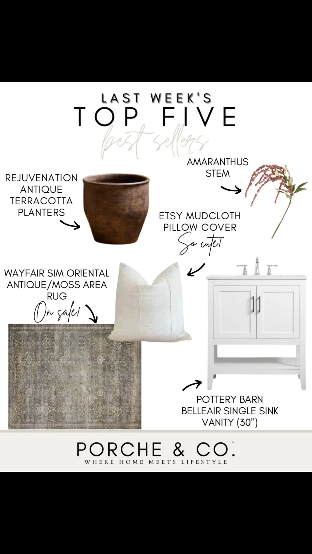 ✨ Last Week’s Top 5 Best Sellers ✨

Such a beautiful mix this week — earthy textures, soft neutrals, and timeless pieces that bring warmth and an effortlessly collected feel to any space. 🤎

🏺 Rejuvenation Antique Terracotta Planter – A gorgeous aged finish and warm earthy tone make this the perfect piece for adding character to any room.

🌸 Amaranthus Stem – Such a pretty floral accent for bringing soft color, movement, and an organic touch to your favorite vase.

🪶 Etsy Mudcloth Pillow Cover – A beautiful neutral accent with subtle texture that makes a sofa, chair, or bed feel instantly more layered and cozy.

🧺 Wayfair Sim Oriental Antique/Moss Area Rug (on sale!) – A vintage-inspired rug with muted tones and intricate pattern that adds so much depth and warmth to a space.

🛁 Pottery Barn Belleair 30” Single Sink Vanity – A timeless bathroom piece with a clean, classic silhouette and plenty of functional storage.

Tap to shop these best sellers before they’re gone ✨

#porcheandco #rejuvenation #etsyfinds #wayfairfinds #potterybarn #neutraldecor #vintageinspired #traditionaldecor #homedecor #homeinspo

#LTKHome #LTKvlog