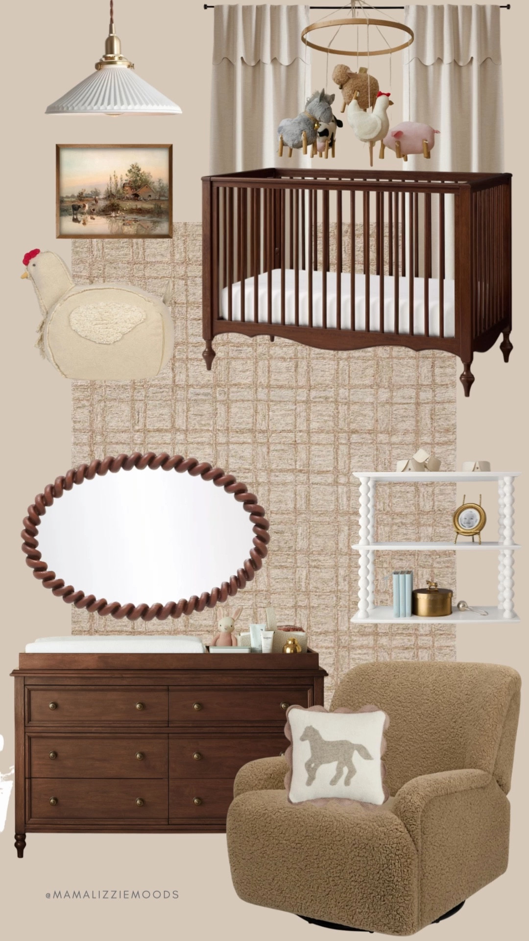 Little Farmstead Nursery Mood Board 🐑🌾✨
A cozy farmhouse-inspired nursery filled with storybook charm and the sweetest farm animal details. Featuring a dark wood crib, wool rug, and whimsical accents like a chicken pouf and animal mobile — this design blends rustic warmth with timeless cottage comfort. Perfect for creating a nursery that feels both playful and classic.

baby room, baby nursery, baby boy’s nursery room, baby girl’s nursery room, farmhouse nursery, rustic nursery, cottage nursery, neutral baby room, gender neutral nursery, cozy baby nursery, traditional nursery, rustic farmhouse baby room, barnyard nursery, farm animal nursery, woodland nursery, storybook nursery, cottagecore nursery, vintage farmhouse nursery, classic baby nursery

#LTKBaby #LTKHome #LTKBump