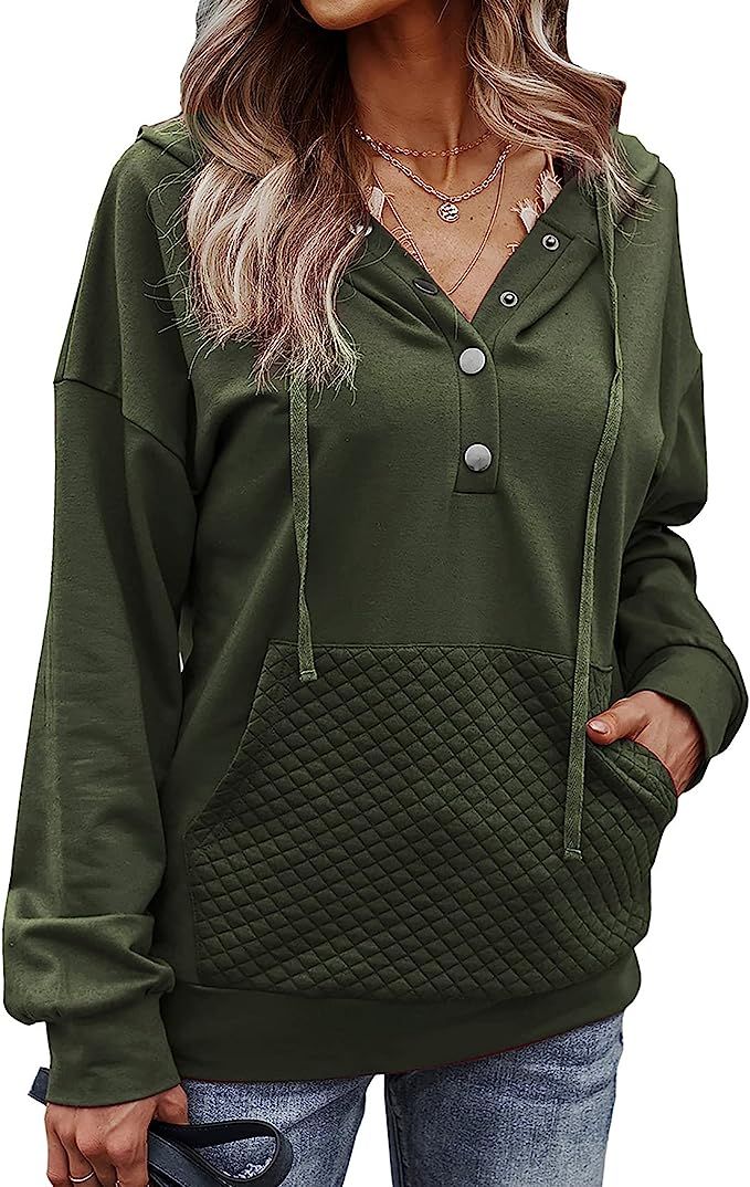 BTFBM Women Casual Button Long Sleeve Fashion Hoodies Sweatshirts Solid Quilted Pattern Drawstrin... | Amazon (US)
