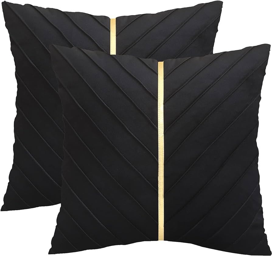 Black Velvet Throw Pillow Covers 18x18 inch Pack of 2 with Gold Leather Decorative Couch Pillow C... | Amazon (US)
