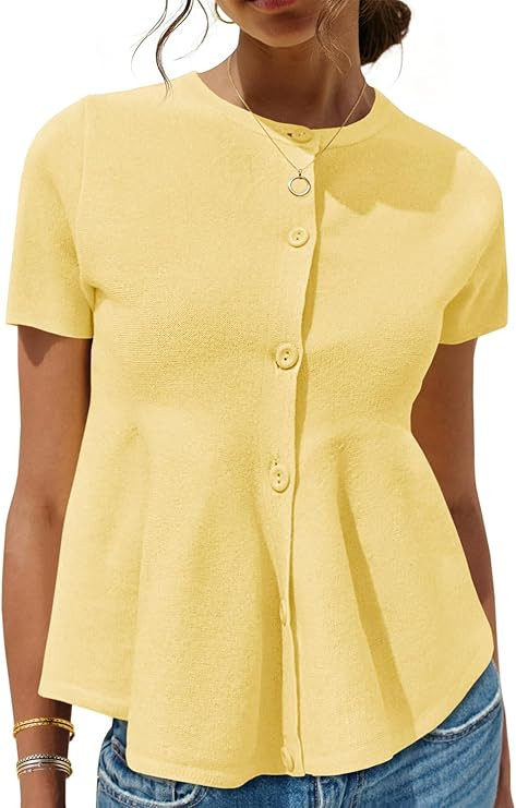 Saodimallsu Womens Short Sleeve Cardigans Ruffle Button Down Crew Neck Peplum Babydoll Knit Sweat... | Amazon (US)