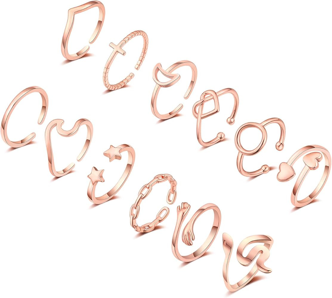 12Pcs Adjustable Rings for Women Cute Star Moon Heart Wave Snake Ring Set Thumb Knuckle Stackable... | Amazon (US)