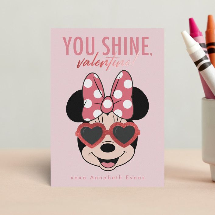 "Shine Bright Disney Minnie Mouse" - Customizable Foil-pressed Classroom Valentine's Day Cards in... | Minted