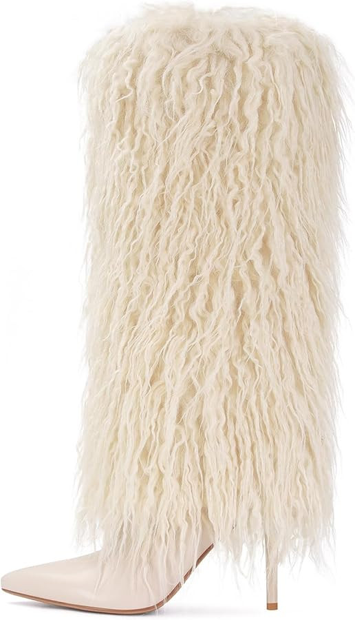 XBKXMK Fur Knee High Boots for Women Pointed Toe Stiletto Heel Fold Over Tall Boots Fashion Wide ... | Amazon (US)