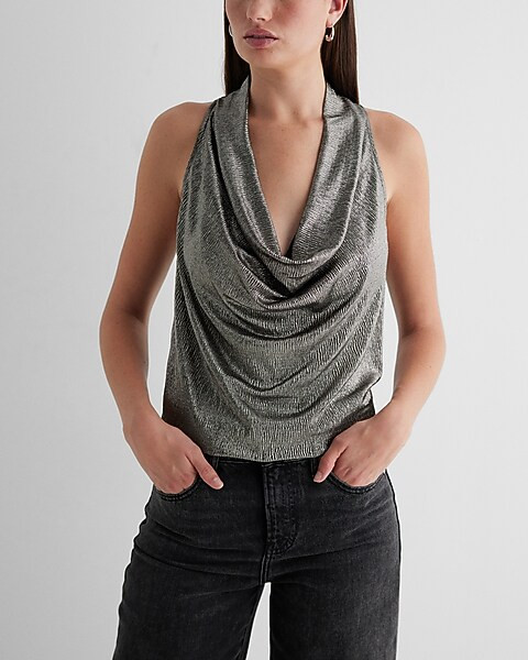 Textured Foil Draped Cowl Neck Racerback Tank | Express