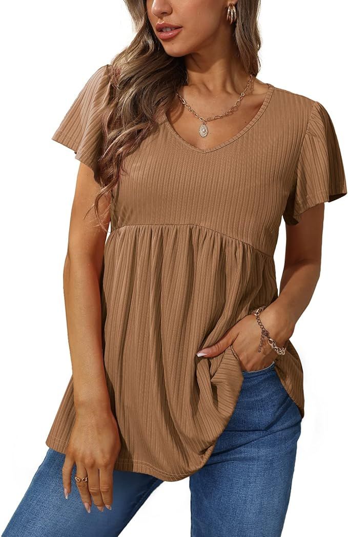 Glanzition Women Plus Size Ruffle Short Sleeve V Neck Oversized Shirt Tunic Babydoll Tops | Amazon (US)