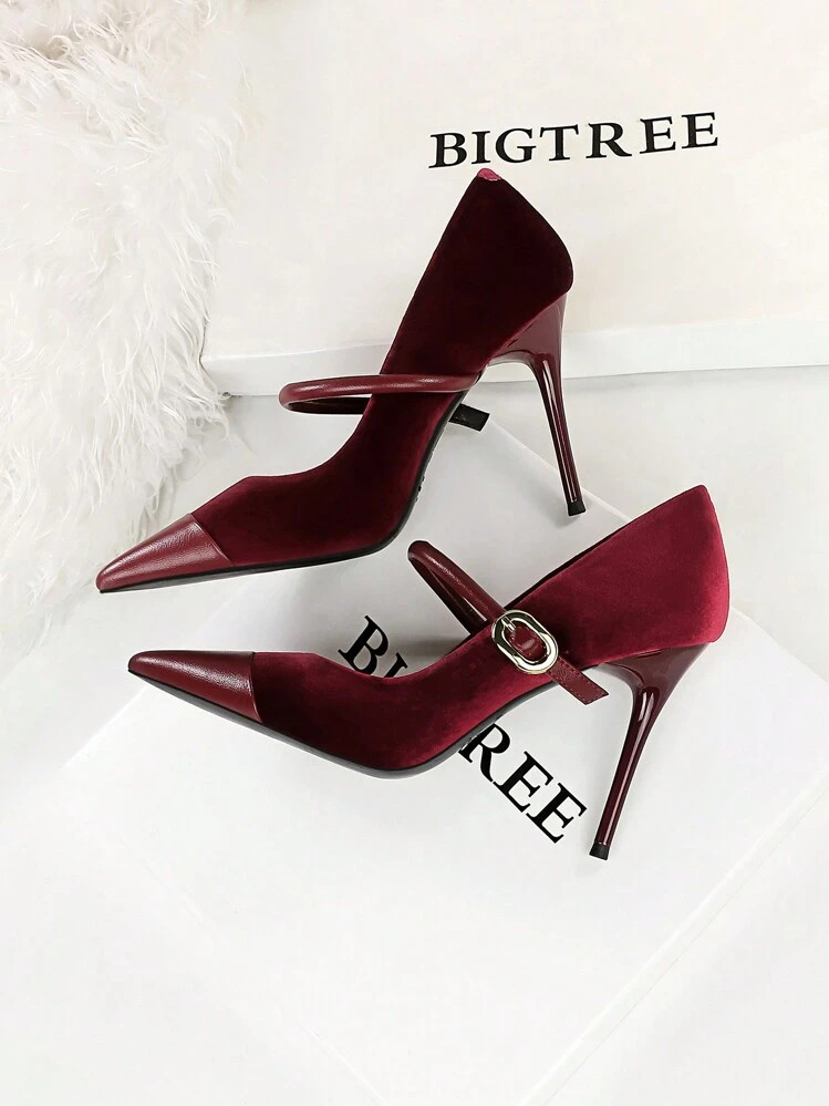 Fall/Winter 2025 Party High Heels Thin Heels Low Vamp Pointed Suede & Metallic Buckle Detail Single Strap Women's Shoes, Elegant, Women Pumps,Elegent | SHEIN