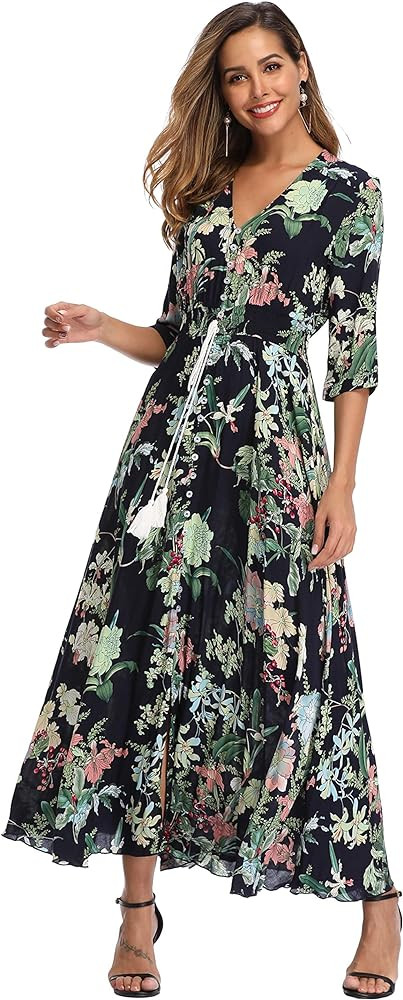 VintageClothing Women's Floral Maxi Dresses with Sleeves Flowy Boho Beach Dress | Amazon (US)