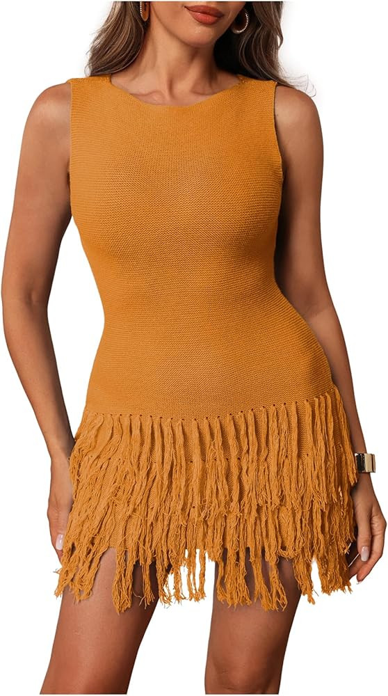 Women's Fringe Sleeveless Mini Dress Crew Neck Bodycon Knit Party Club Dresses | Amazon (US)