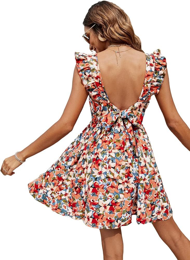 Cozyease Women's Floral Print Backless V Neck Dress Casual High Waist Ruffle A Line Dresses | Amazon (US)