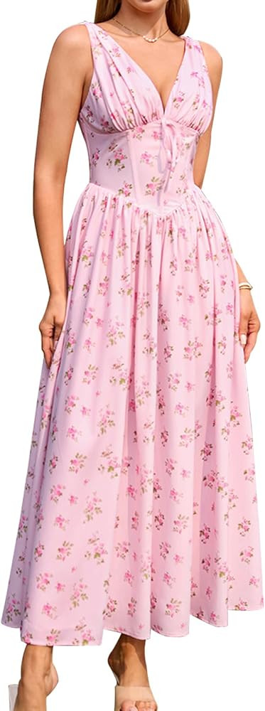 GLNEGE Women's Summer Corset Midi Milkmaid Dress Casual V Neck Flowy A Line Sundress Wedding Gues... | Amazon (US)