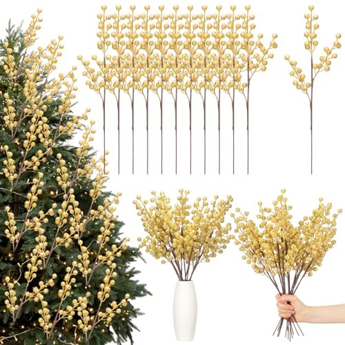Norme 12 Pcs Glitter Gold Christmas Tree Decoration 16 Inch Gold Christmas Tree Picks Floral Ornaments DIY Artificial Glittery Berry Stems Twigs Branches for Xmas Holiday Wedding Party Decoration | Amazon (US)
