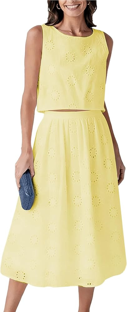 Wanzetaly Women's 2 Piece Skirt Set Hollow Out Eyelet Sleeveless Tank Top Maxi Skirt Boho Outfits... | Amazon (US)