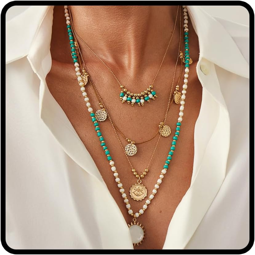 Layered Western Necklaces for Women Western Boho Country Necklace Trendy Gold Layered Necklaces Turquoise Beaded Choker Boho Outfits Jewelry Accessories | Amazon (US)