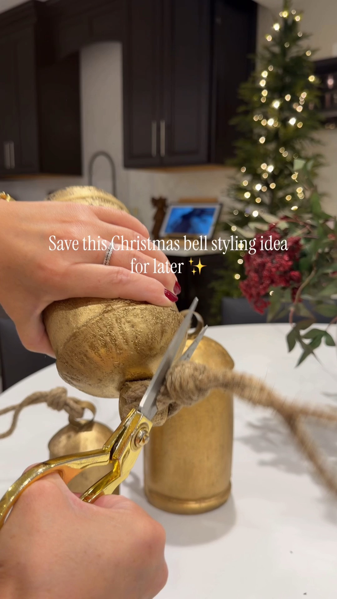 The easiest Christmas decor upgrade! 🎀✨ I swapped the rustic rope on these vintage-inspired gold bells for burgundy velvet ribbon, and I love how much more elevated they look! Such a simple way to add a timeless, designer-inspired touch to your holiday decor. 🤎

Shop the bells + velvet ribbon below!