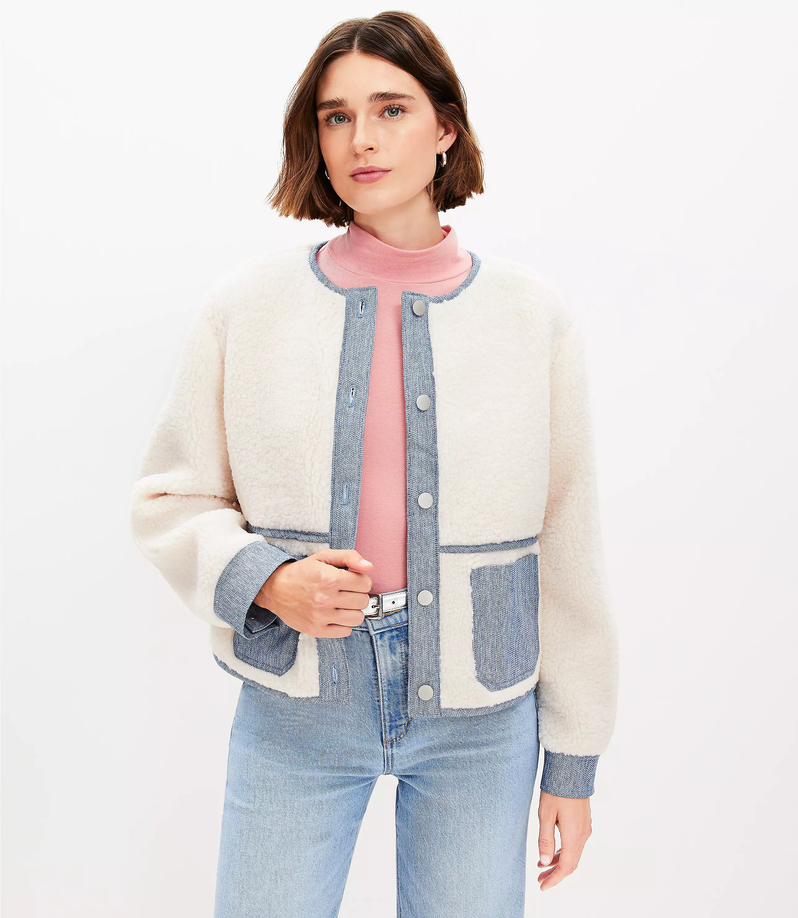 Petite Denim Trim Sherpa Jacket | LOFT