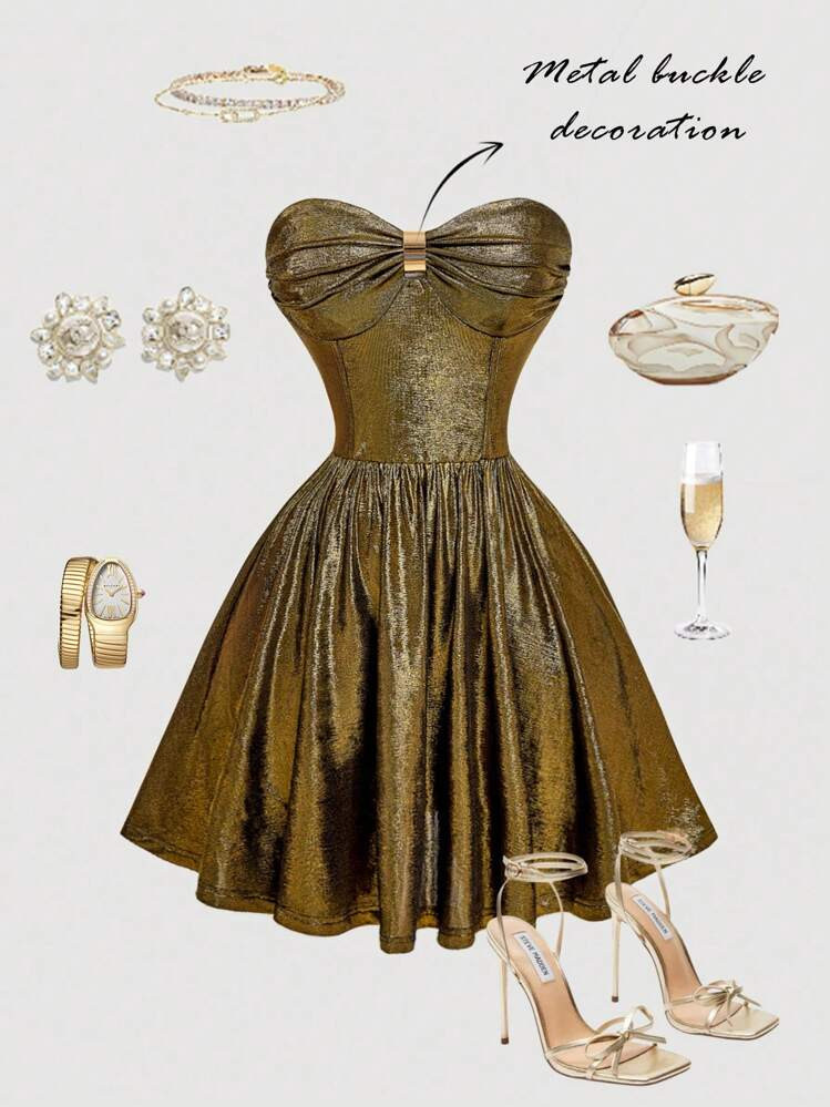 SHEIN MOD Women's Gold Tube Top Dress,2000s Style,Homecoming Dress,Concert Outfit Women,Rave Outf... | SHEIN