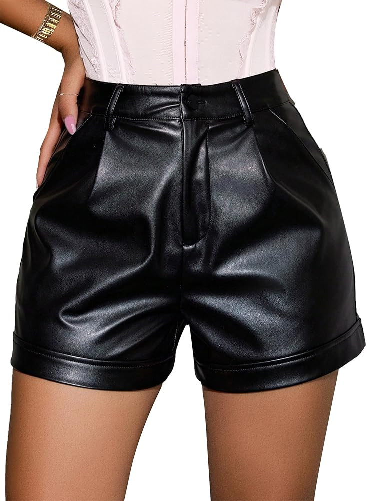 Avanova Women Faux Leather High Waisted Shorts Pleated Casual Summer Shorts | Amazon (US)