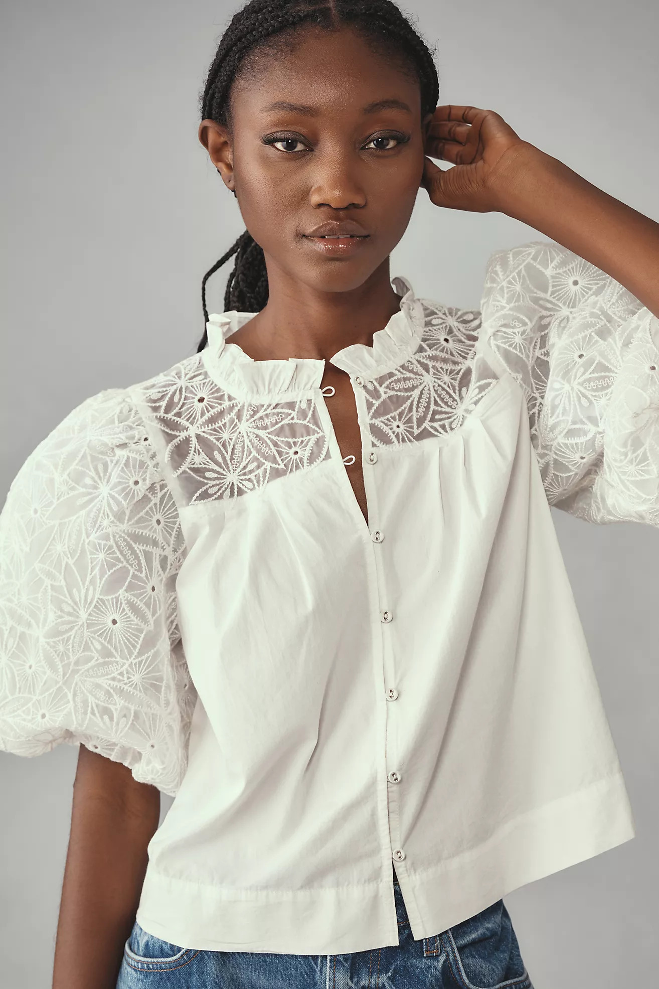Maeve Puff-Sleeve Embellished Button-Front Blouse | Anthropologie (UK)