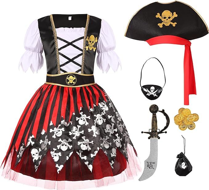Cuteshower Girls Pirate Costume for Kids Halloween Dress Up Pirate Pretend Cosplay | Amazon (US)