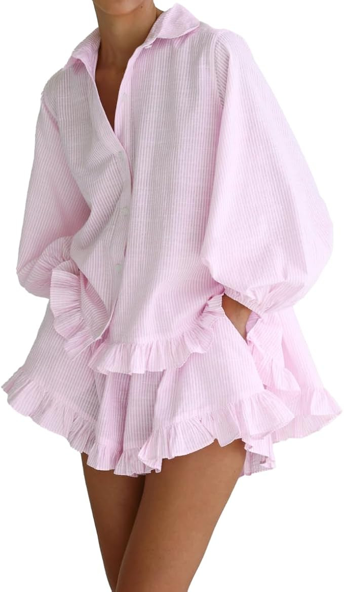 Women Ruffle 2 Piece Sets Long Sleeve Button Down Shirts and Shorts Fashion Stripe Sweatsuit Sets | Amazon (US)
