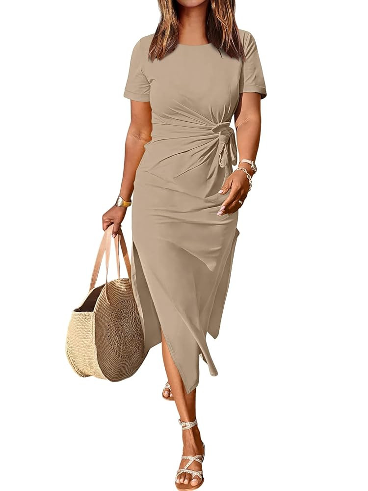 ANRABESS Women's 2025 Summer Maxi Tshirt Dress Short Sleeve Crewneck Tie Waist Casual Slim Fit Sl... | Amazon (US)