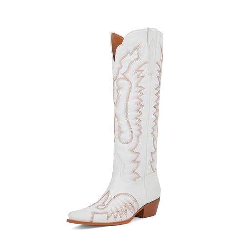 Easyfox White Cowgirl Boots for Women Knee High White Cowboy Boots Square Toe Low Chunky Heel Embroidery Womens Western BootsSize 8.5 | Amazon (US)