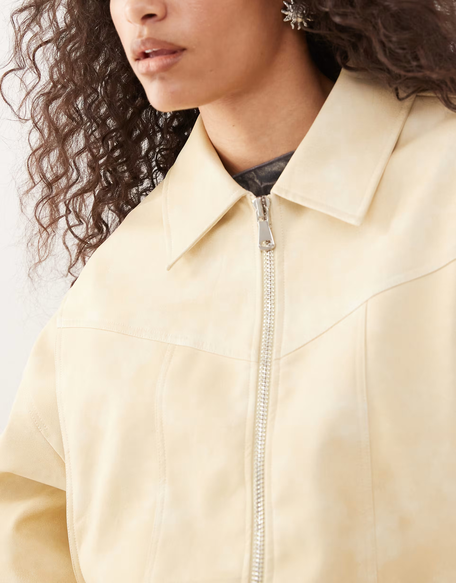 Lioness exclusive Vista leather look contrast stitch bomber jacket in soft lemon | ASOS (Global)