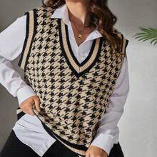 Plus Houndstooth Pattern Striped Trim Sweater Vest Without Blouse | SHEIN